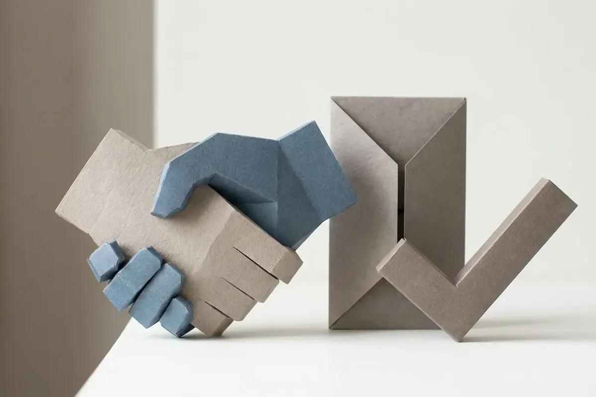 Poignée de main symbolique formée de formes géométriques avec document validé